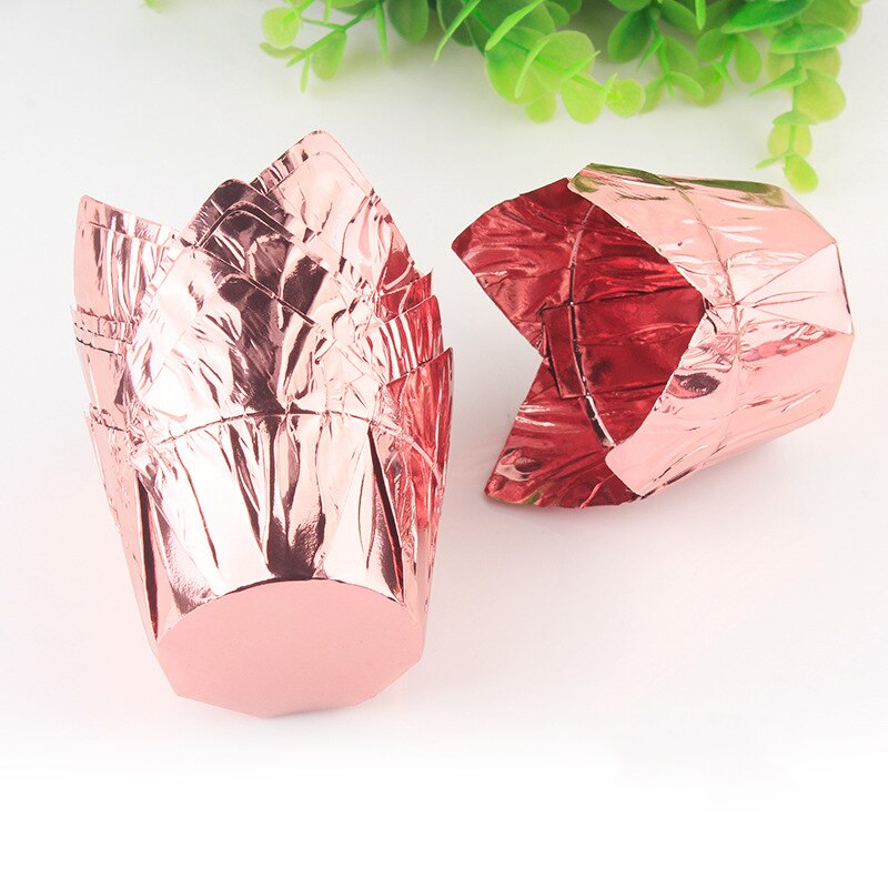 50Pcs Golden Muffin Cupcake Liner Tulip Flower Shape Cupcake Liner Baking Cup Tray Cake Wrapper Tray Case Oilproof Cake Wrapper: Rosegold