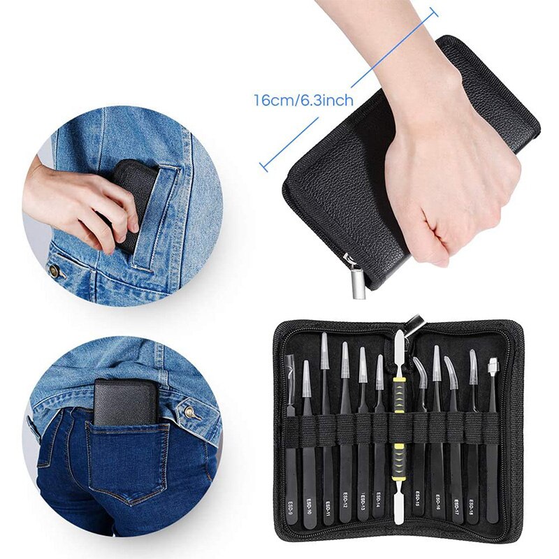 12 Pieces Tweezers Set, Anti-Static Tweezers Kit with 11 Precision Non-netic Stainless Steel Tweezers,Crowbar