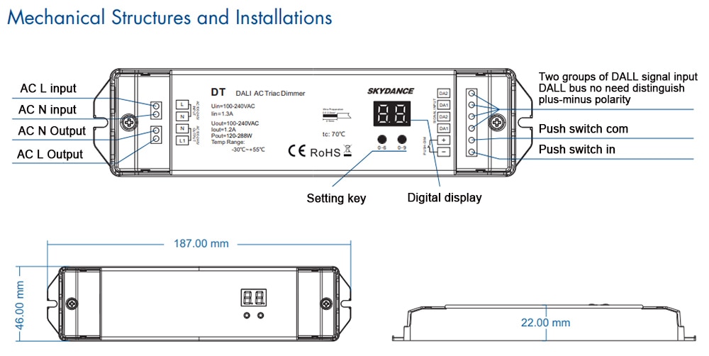 Triac-regulador de intensidad DALI, 220V, 110V, 230V, CA, 1 canal, 1,2 a, 288W, pantalla numérica para lámpara LED, luces halógenas, atenuador LED DT DALI AC Triac