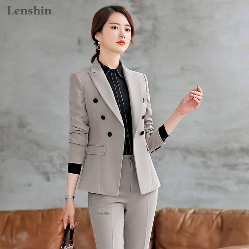 Lenshin 2 Piece Set Formal Pant Suit Blazer Office Lady Designs Women Soft Jacket and Ankle-Length Trousers