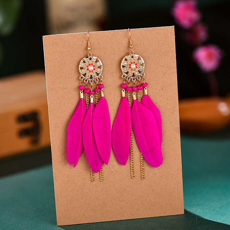 Bohemian Woven Dream Catcher Feather Dangle Earrings for Woman Trendy Boho Long Tassel Earring Wedding Jewelry