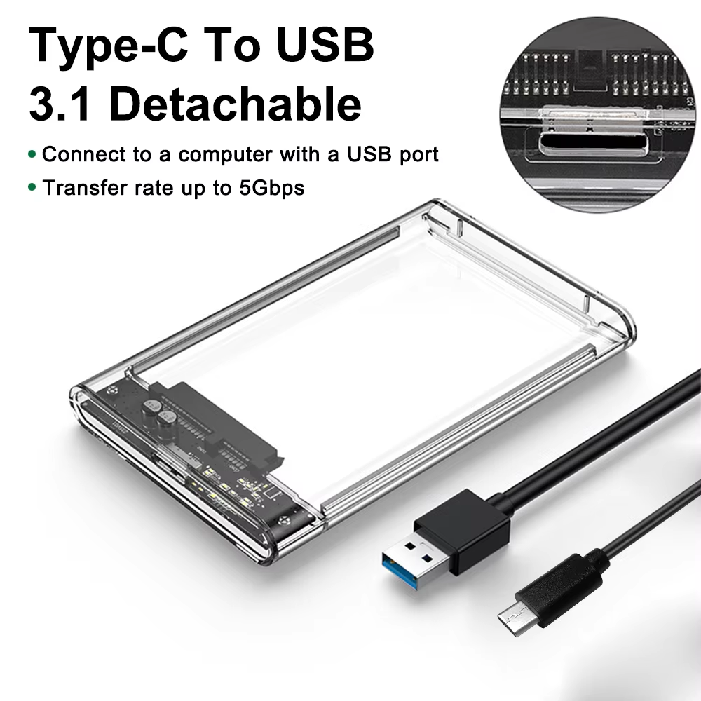 2.5'' External Hard Drive Enclosure USB 3.0 / 3.1 Type C to SATA III HDD Adapter 5Gbps Tool Free Clear External Hard Drive Case: grey