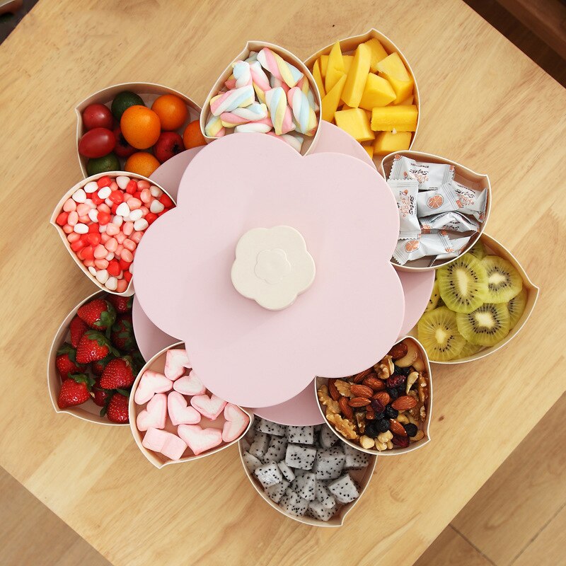 Boîte de rangement de bonbons en forme de pétale de fleur, conteneur rotatif pour aliments, noix, organisateur de bonbons