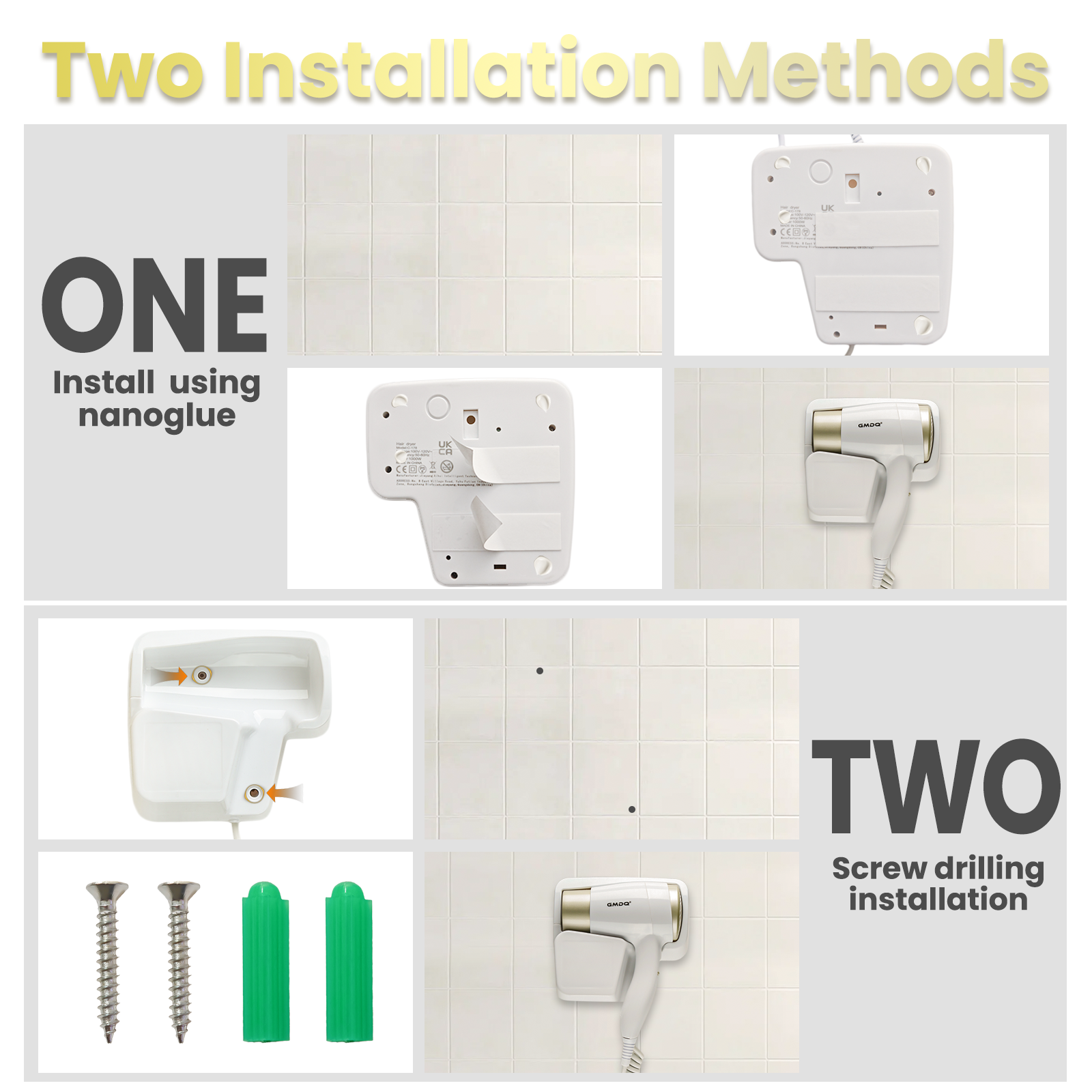 GMDQ secador de pelo de viento y frío, soplador eléctrico de iones negativos con soporte de enchufe, enchufe europeo negro, montaje en pared para baño y Hotel