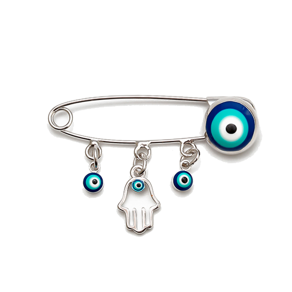 Lucky Eye Oil Blue Turkish Evil Eye Safety Pin Fatima Hamsa Hand Round Charm Brooch Pin for Women Men Jewelry: Pure Gold Color
