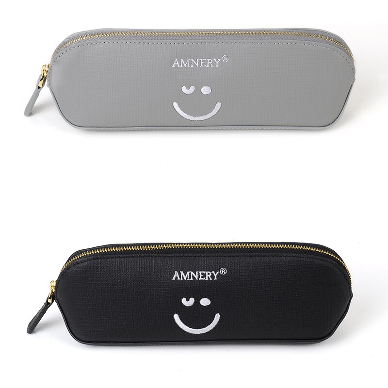 Amnery Leren Pennen etui - Hand Geborduurd Smiley Rits Potlood Tas