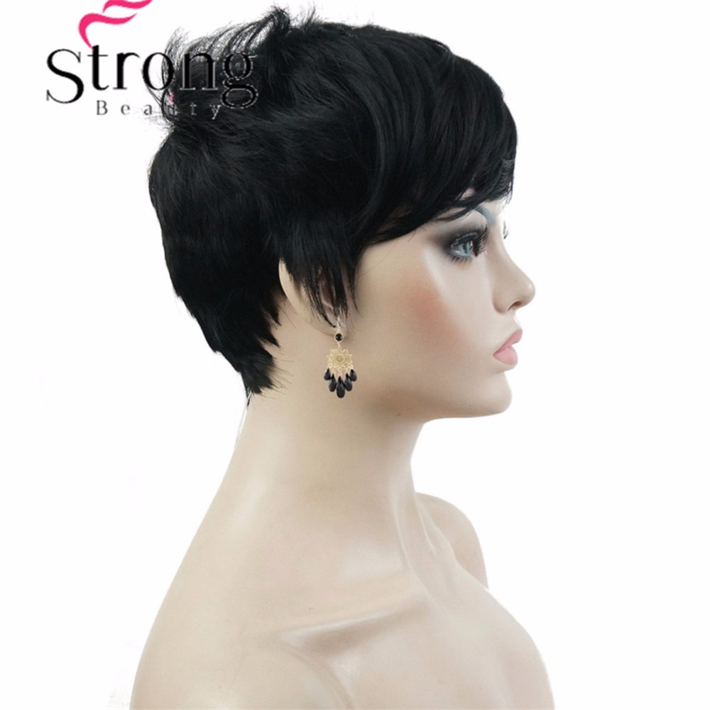 Peluca corta StrongBeauty, pelucas totalmente sintéticas asimétricas de explosión lateral, opciones de color negro y rojo