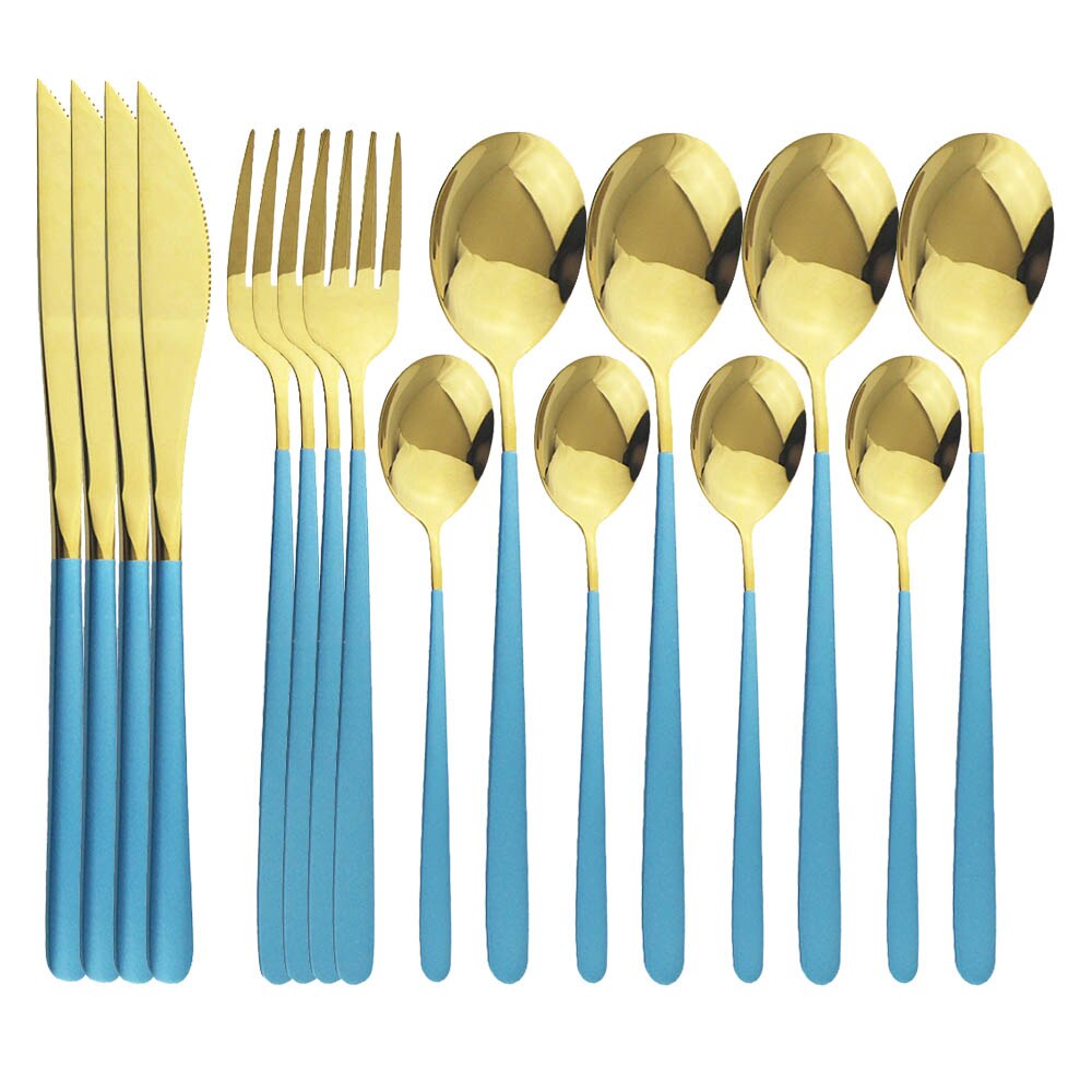 Couverts en acier inoxydable pièces/ensemble, 16 pièces, or rose 18/10, service de table, couteaux, fourchettes, cuillères, vaisselle de cuisine, argenterie: Blue Gold
