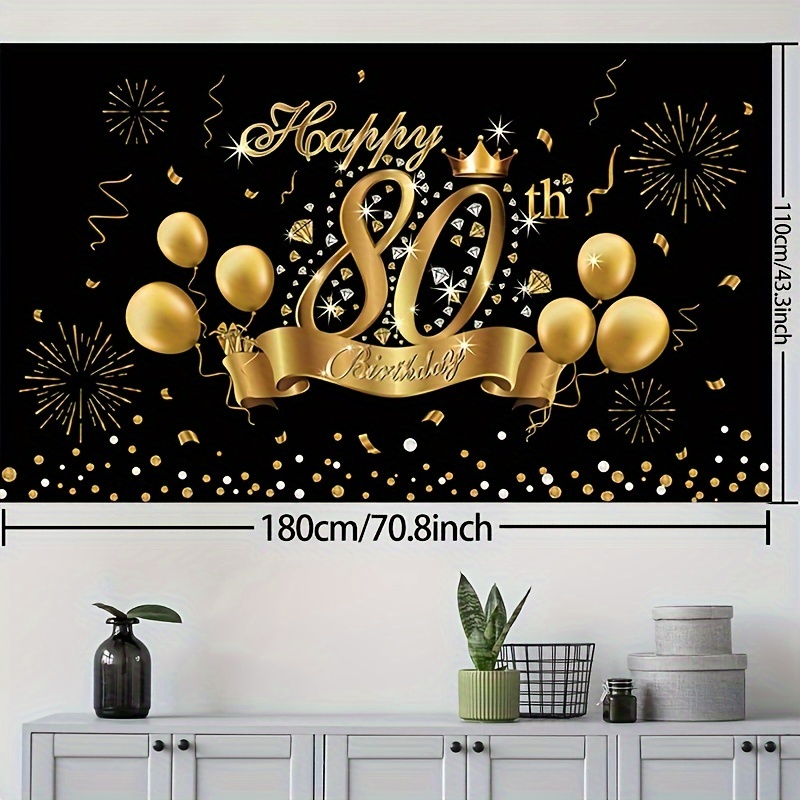 Decoración de feliz cumpleaños, decoración de feliz 80 cumpleaños, pancarta, telón de fondo, decoración de , cartel de 80 cumpleaños dorado negro