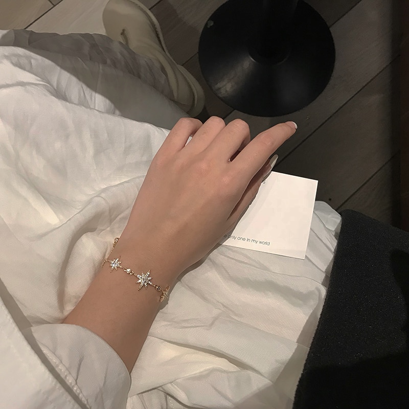 ANENJERY Dainty Micro Pave Cubic Zircon Lucky Star Bracelets Silver Color Eight Star Bracelet For Women S-B326