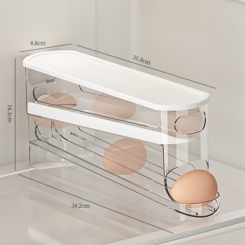 Estante para huevos de desplazamiento automático, soporte para huevos de cocina, caja de almacenamiento, cesta para huevos, contenedor, organizador, dispensador de huevos para refrigerador enrollable