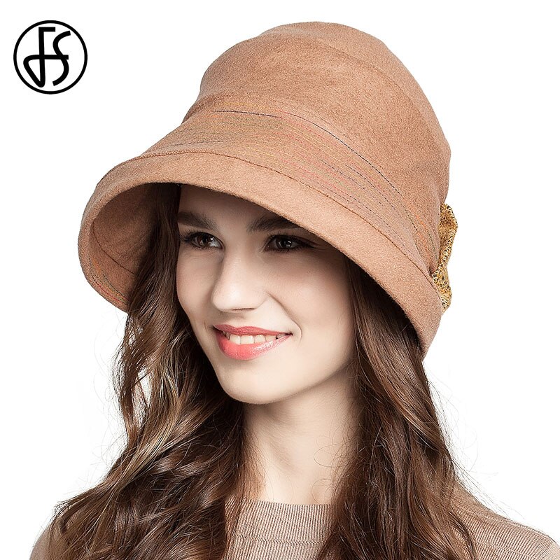 Fs rødbrun khaki kvinder efterår vinter top hat til damer uld fedora kasket med sløjfe floppy hatte foldbar: Kamel