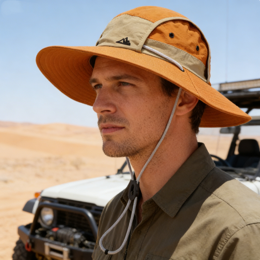 Ein faltbarer, leichter, schnell trocknender, sonnenschützender Fischerhut mit Farbblock. unisex-Stil mit großer Krempe für atmungsaktiven Sonnenschutz. Geeignet für draussen-Aktivitäzehn, Wandern, Angeln und Höhle täglichen Freizeitgebrauch.