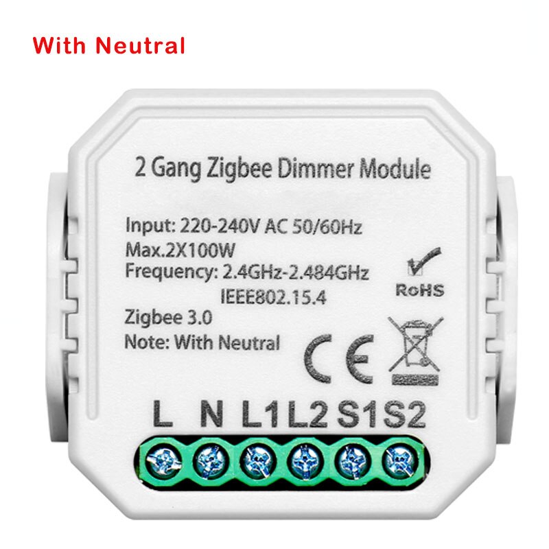 Tuya Smart Zigbee Dimmer Module 1Gang 2Gang Met Neutrale 2 Weg Draadloze Schakelaar Relais Ondersteuning Zigbee2MQTT: 2 Gang Zigbee Dimmer