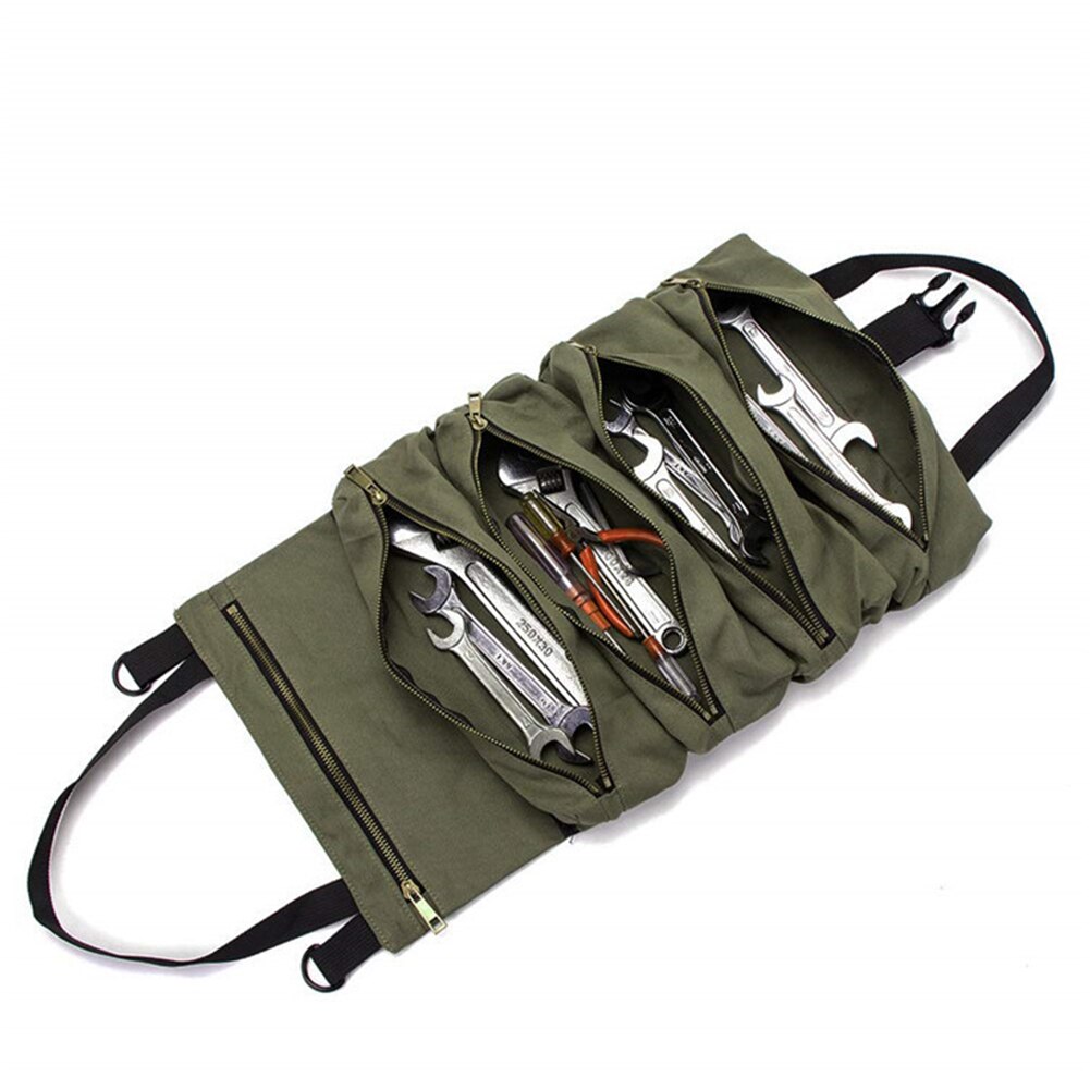 Multifunktionelt lærred hængende bilværktøj opbevaringspose værktøj roll up taske voksbehandlet lærred opbevaringspose værktøj tote bærer holder: Militærgrøn
