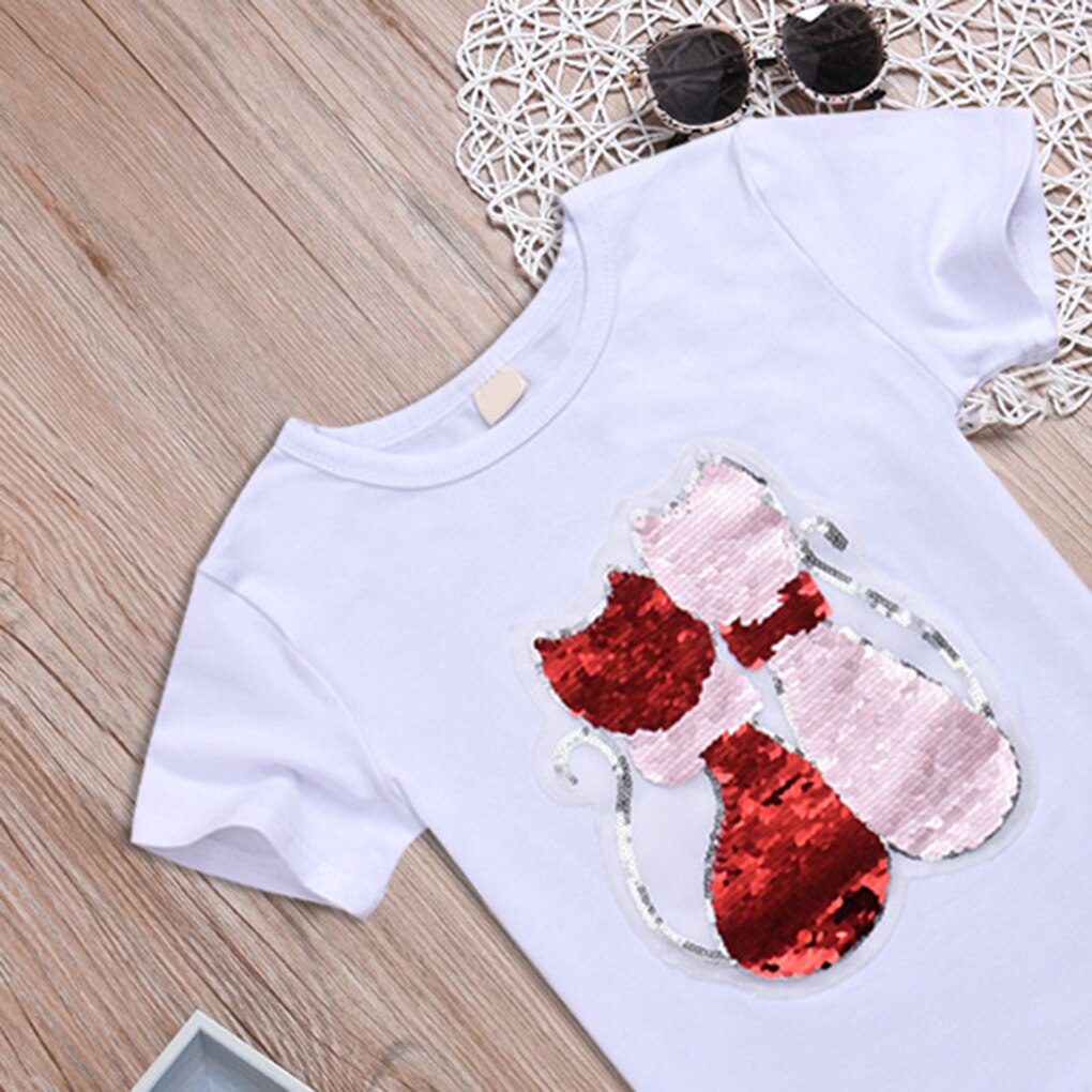 Flickor paljetter t-shirt baby härliga tjejer tecknad topp kort barn kortärmad scoop neck sommar topp som andas