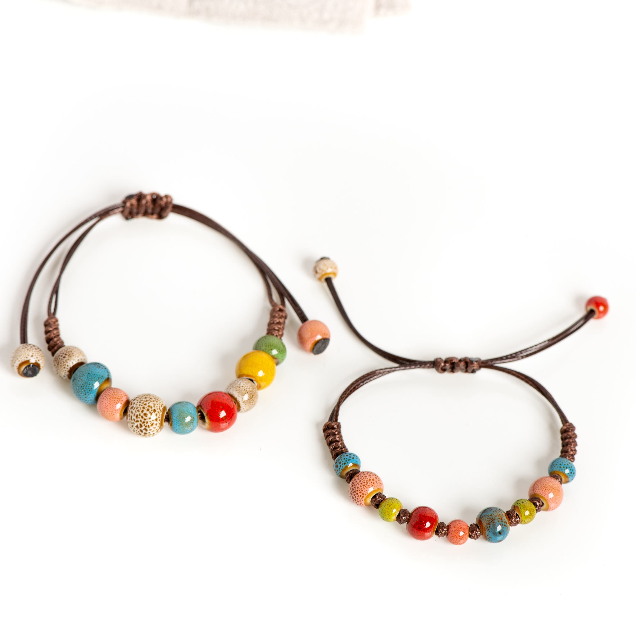 Bohemian Ceramic Bead Bracelet with Adjustable Cord 15-25cm for All Wrist Sizes