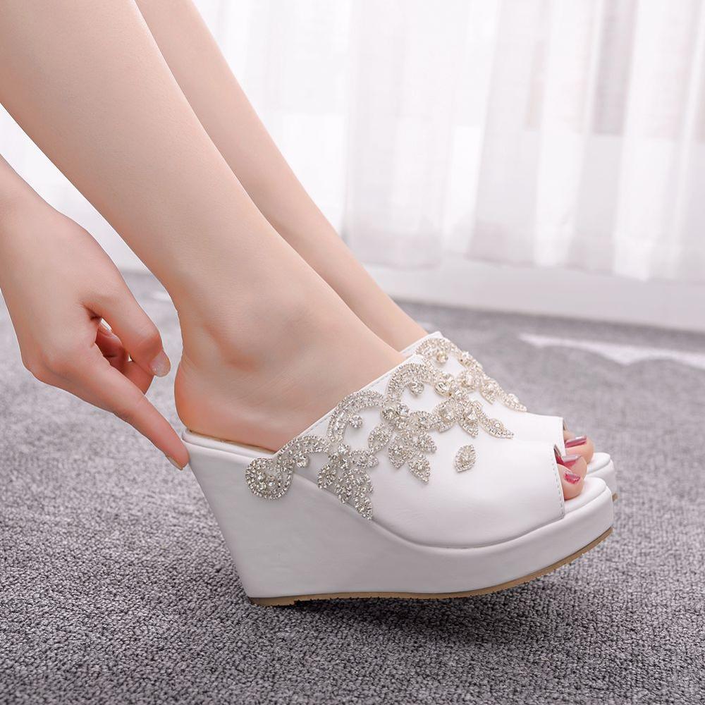 Cristal reina plata Diamante de imitación Peep Toe plataforma cuñas sandalias tacones altos zapatillas playa sandalias para mujer zapatos de boda