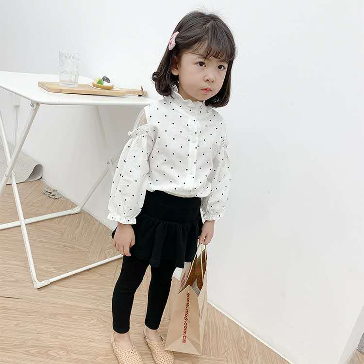 autumn Korean girls' shirt foreign style long-sleeved cotton stand-up collar cardigan children's round wave dot shirt