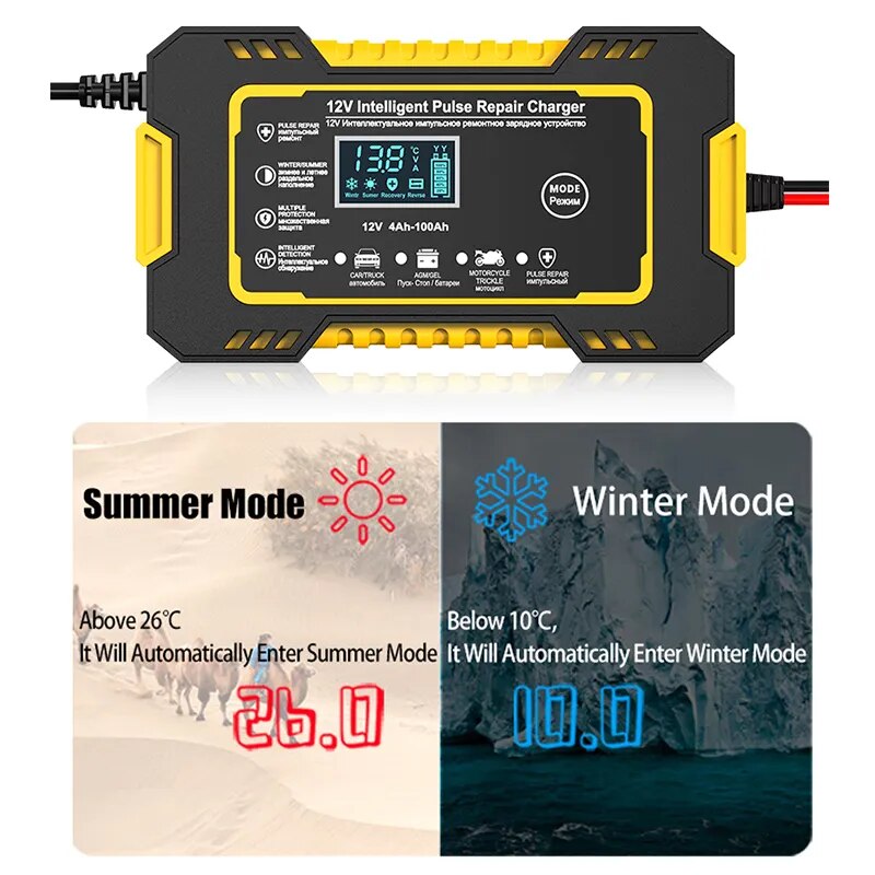 12V 6A Volautomatische auto-acculader Power Pulse Repair-laders Nat Droog Loodzuuracculaders Digitaal LCD-scherm