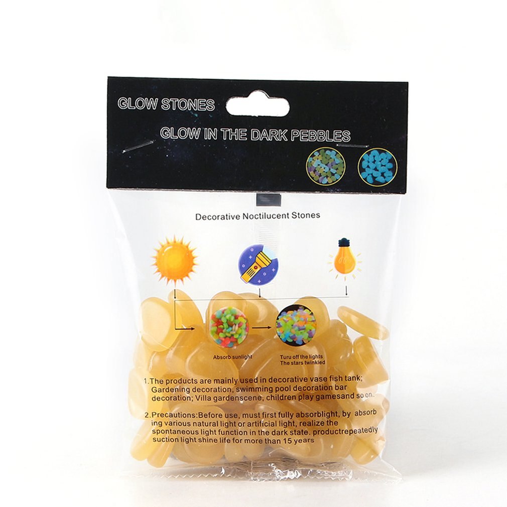 50Pcs Artificial Color Luminous Stone Fluorescent Stone Shiny Stone Full English Bag Packaging Fish Tank Landscaping: saffron yellow