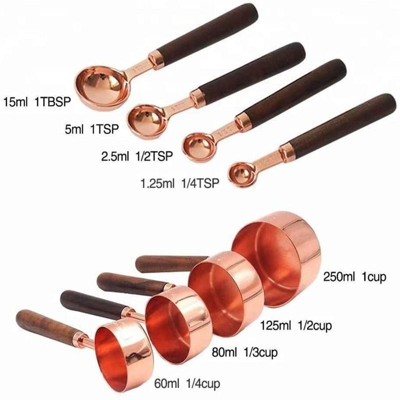 Tasses à Mesurer CuillèRes Set PoignéE En Bois Acier Inoxydable Plaqué