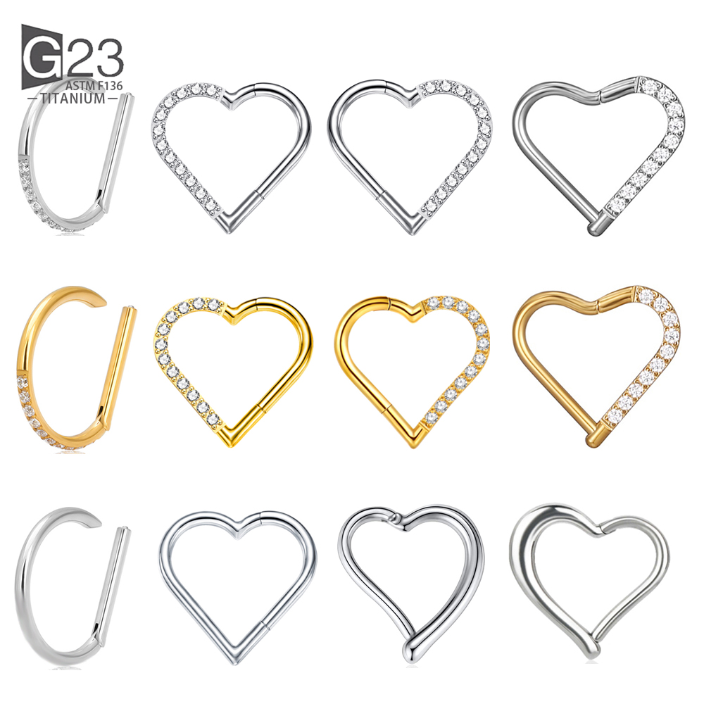 ASTM F-136 anneau de nez en titane Daith coeur boucle d'oreille cerceau Cartilage Tragus D forme Helix anneaux articulé Segment cerceau avec CZ clair