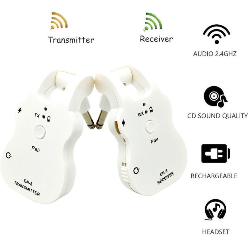 Micro guitare 2.4GHZ sans fil intégré Rechargeable Plug-and-play récepteur émetteur numérique pour guitares électriques basse, blanc
