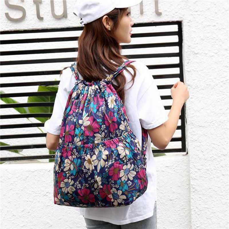 Vinatge Drawstring Backpacks Women Large Capacity Flower Ethnic Style Waterproof Nylon Rucksack Shoulders Backpacks
