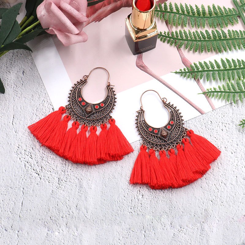 Exknl Fringed Korean Tassel Earrings for Women Geometric Statement Earring Jewelry Pendientes Weekend Party: red