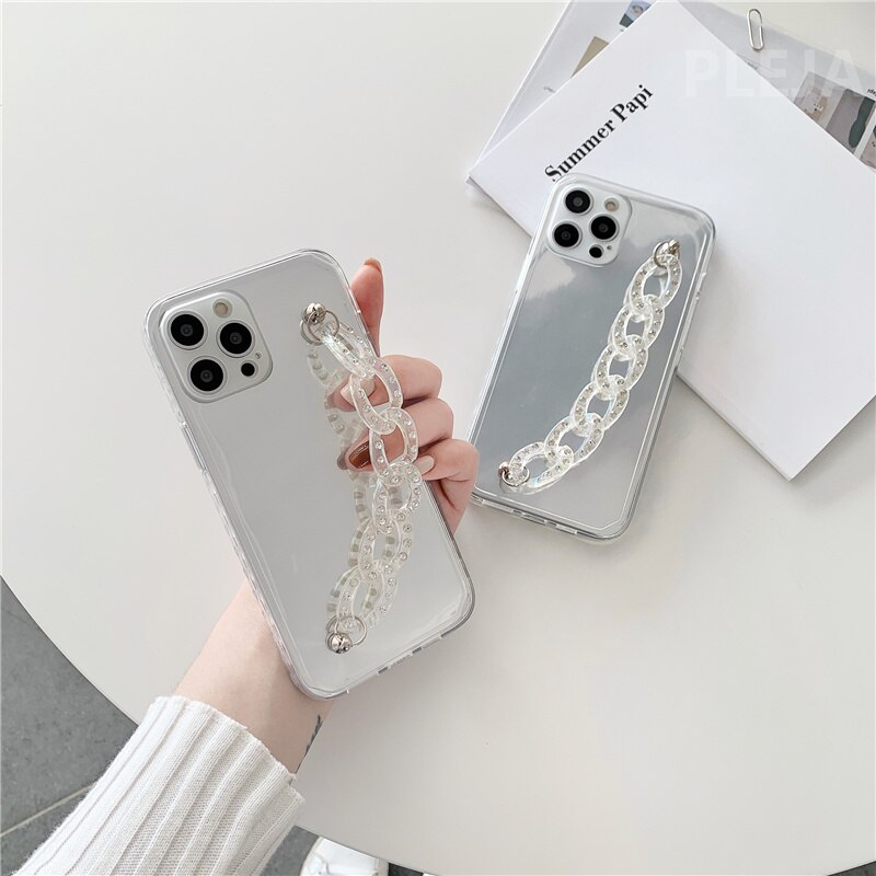 Luxury Rhinestone Chain Wristband Mirror Phone Case For iphone 12 mini 11 Pro max 7 8 plus SE X XR XS Max Clear Hard Cover