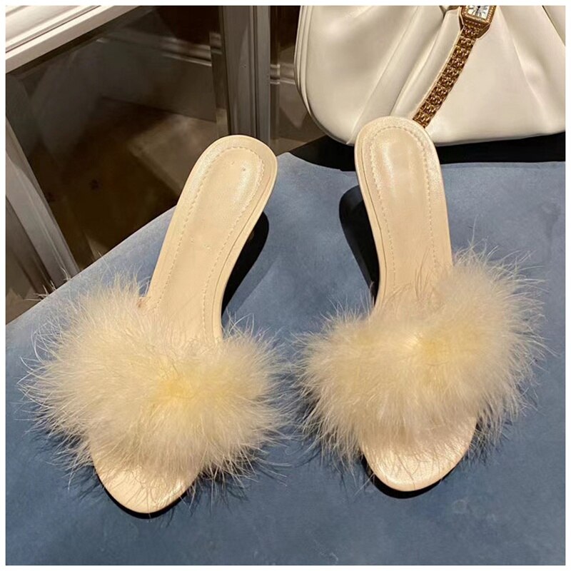 Suojialun kvinnor lurviga tofflor strutshår fluffig sandal dam tunn högklackat plysch slides varma tofflor sho: Gul / 35