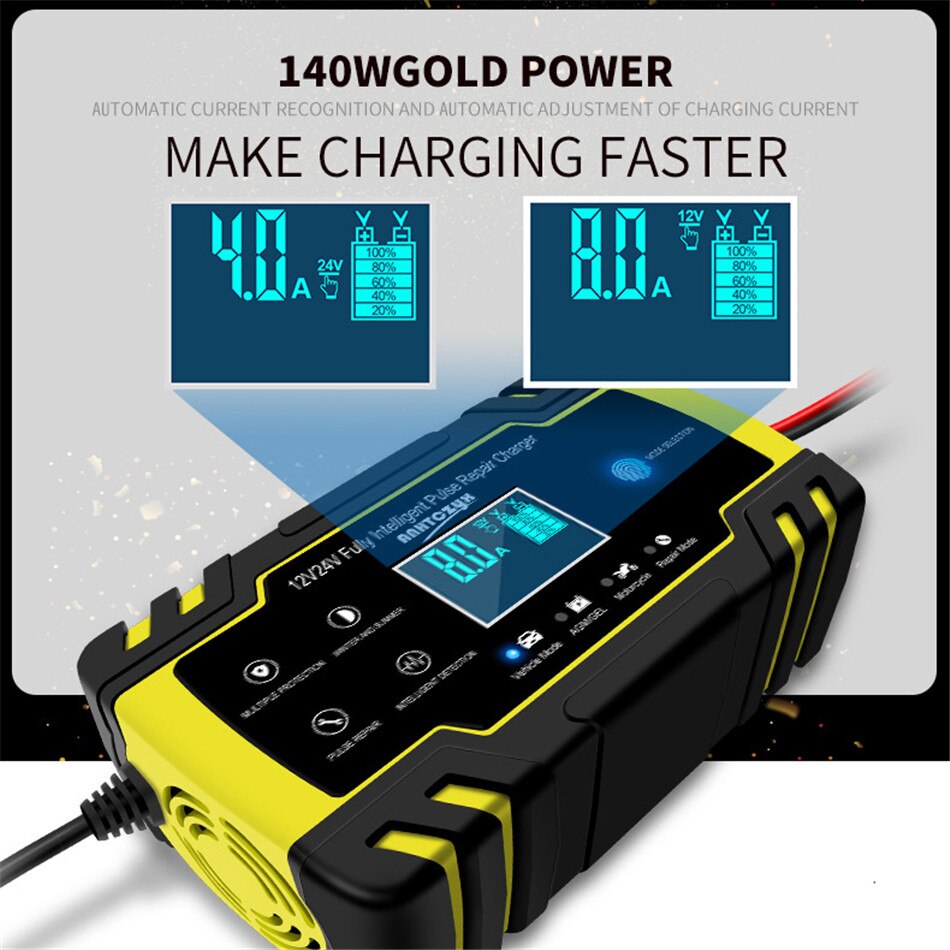 12V-24V 8A Full Automatic Car Battery Charger Power Pulse Repair Chargers Wet Dry Lead Acid Battery-chargers Digital LCD Display
