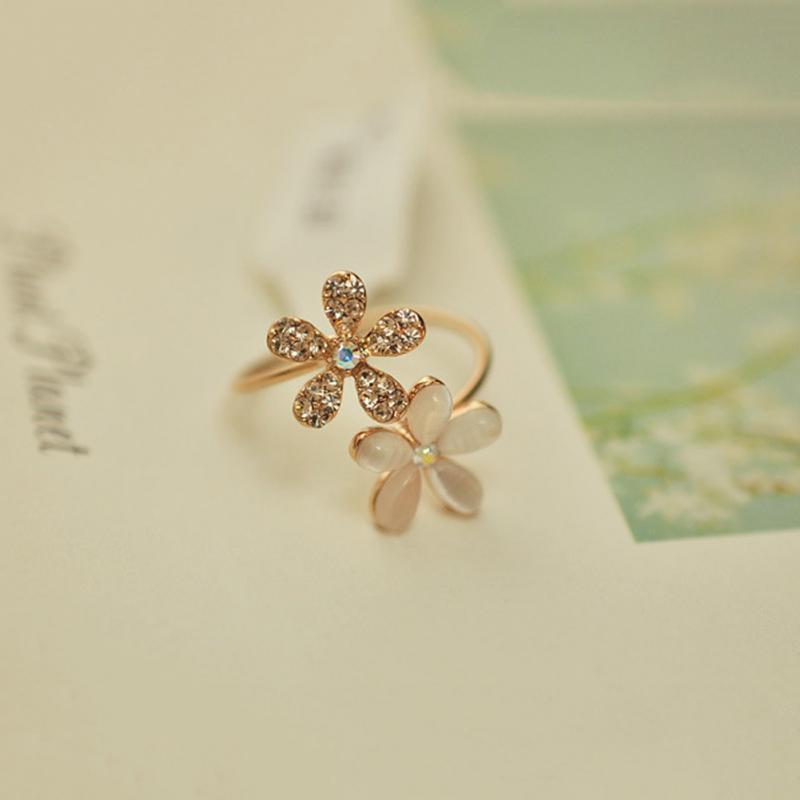 Vrouwen Opaal Dubbele Daisy Bloem Open Ring Rhinestone Verstelbare Sieraden Antieke Vinger Ring