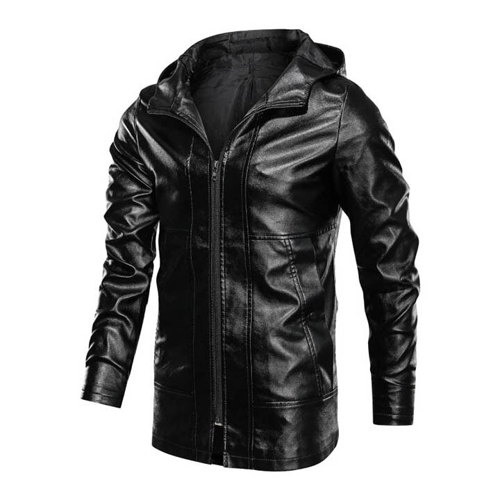 KIOVNO Men's Pu Leather Long Jackets Coats Solid Color Faux Leather Hooded Jackets Outwear For Male Spring Autumn Size M-4XL: M