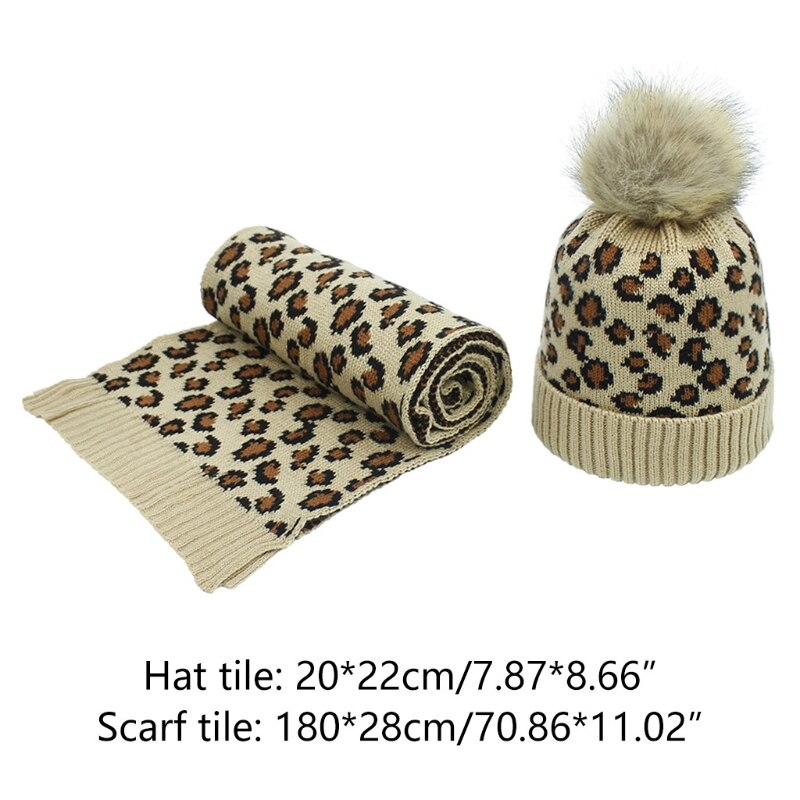 Dam stickad mössa och halsduk i 2 delar vinter vintage leopard fluffig pompom med manschett döskalle tjockare sjal halsvärmare