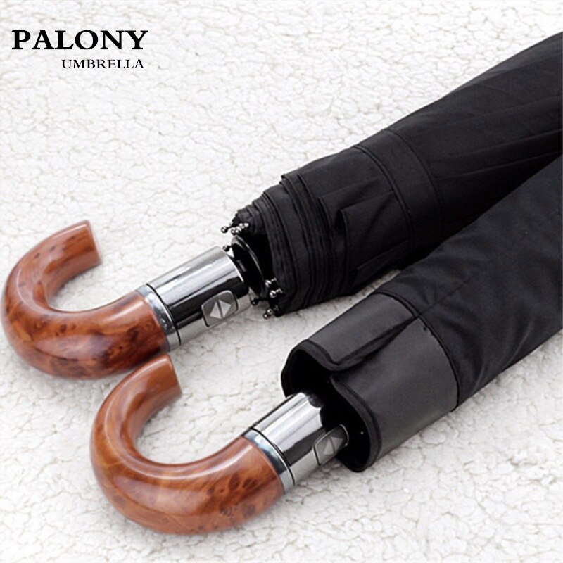 Automatic Umbrella Leather Imitation Wooden Handle Ten Bones Large Men's Business Pure Black Automatic Three Folding Umbrella