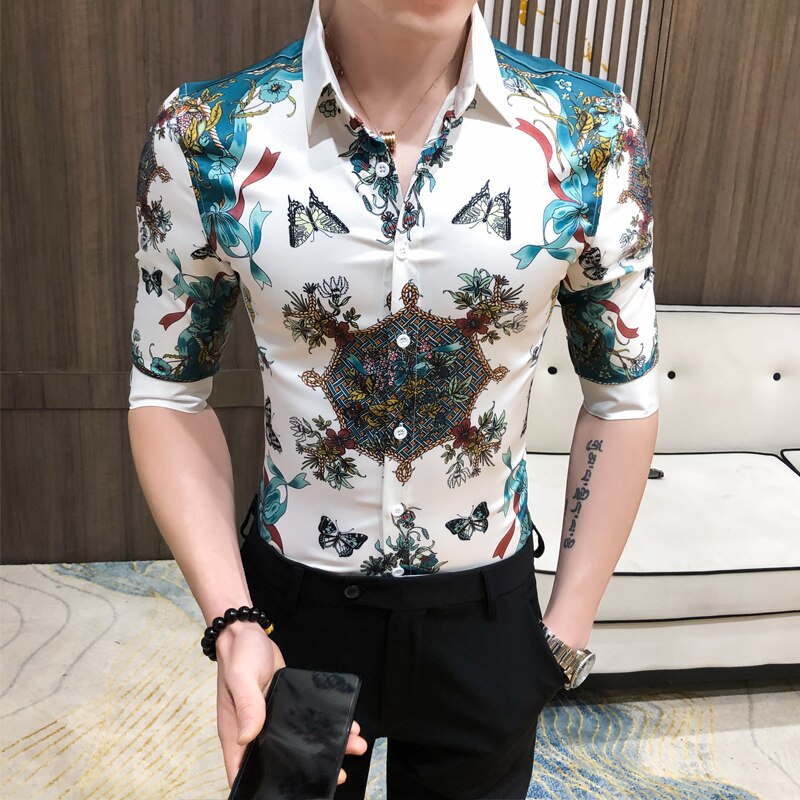 Frisør skjorter herre natklub smoking shirt social plus størrelse 3xl- m forår sommer mænd stribet skjorte halv ærme slim fit: Koreansk  m 48-52kg
