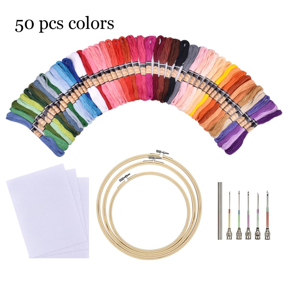 50/100pcs Cross Stitch Floss Embroidery Kit Colorful Threads Magic Embroidery Hoop Stitching Punch Needle Pen Set DIY Sewing Set: 50 pcs