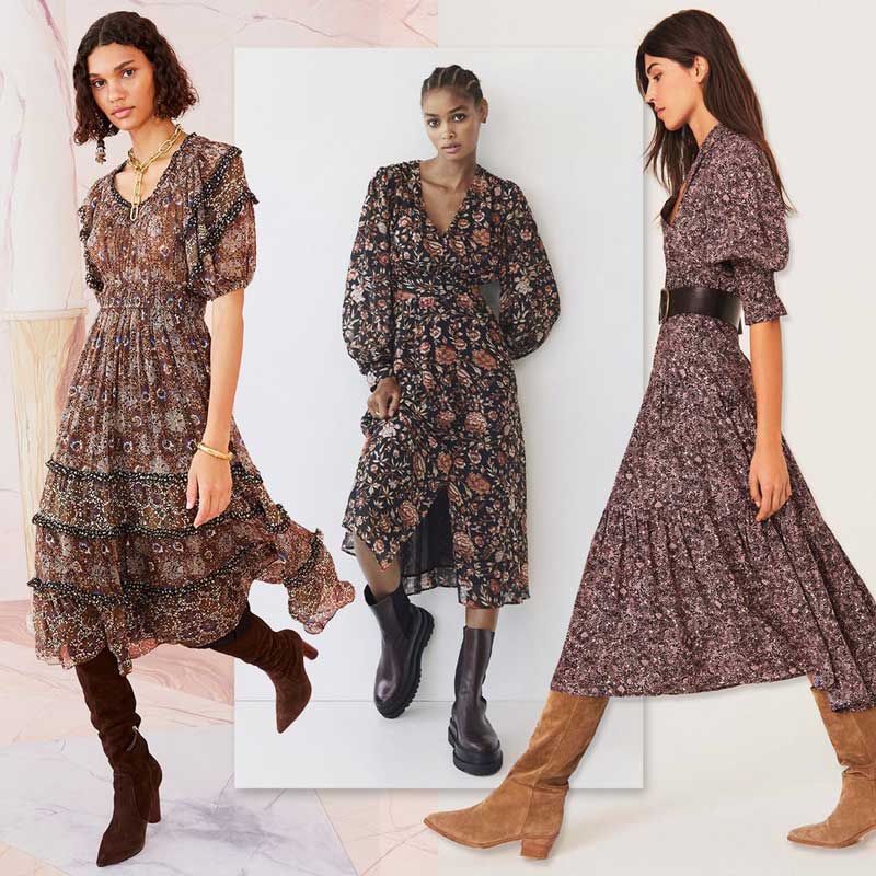 BOHO INSPIRED Floral print dress women V-neck Long sleeve Pleated details boho dress slit front spring summer dress
