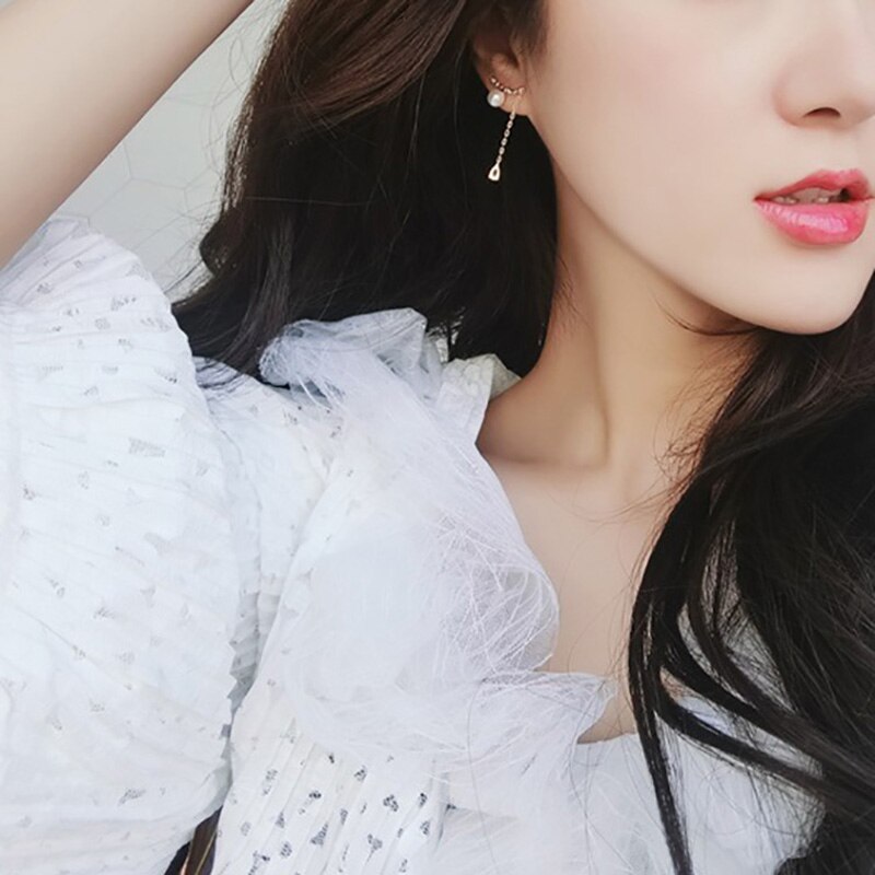 Women Korean TV Star Zircon Cute Simulation Pearl Earrings Rhinestone Long Line Pendientes Jewelry