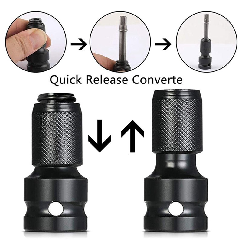 4 Pcs Impact Adaptor 1/2 Square Drive to 1/4 Hex Shank Socket Adapter with Adjustable Hook Wrench C Spanner Tool
