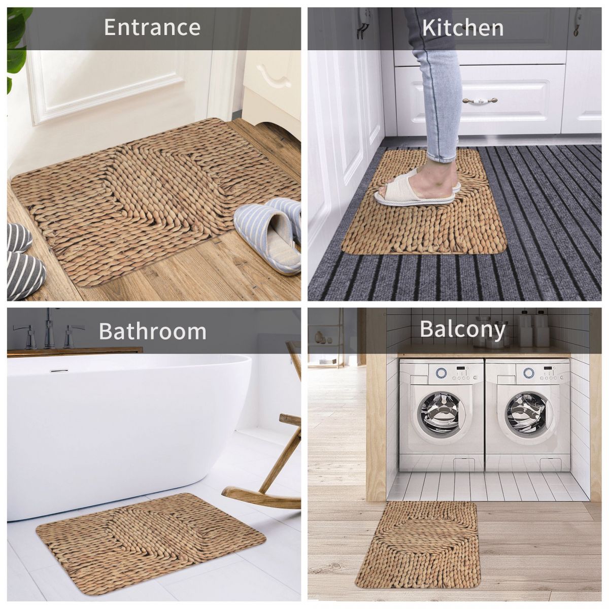 Felpudo mediterráneo de mimbre, Alfombra de poliéster, antideslizante, para entrada, cocina, dormitorio, balcón, dibujos animados