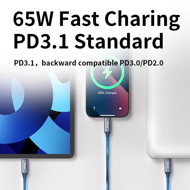 Unnlink USB 3.2 10Gbps Type C-kabel USB A naar Type-C Gegevensoverdracht USB C SSD Harde schijf Draad 3A PD 65W Snel opladen