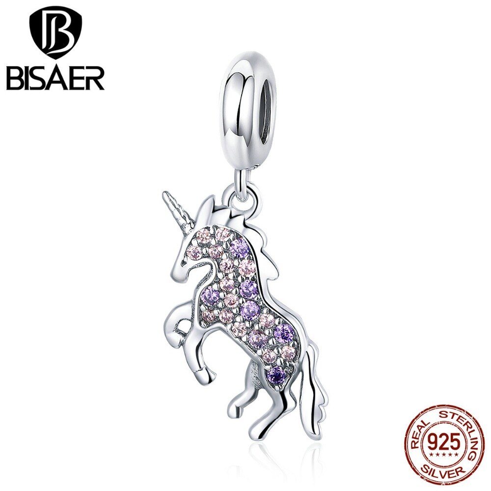Unicorn BISAER 925 Sterling Silver Licorne Animal Beads Lucky Pendant fit Women Charm Bracelets Silver Beads for Jewelry Making
