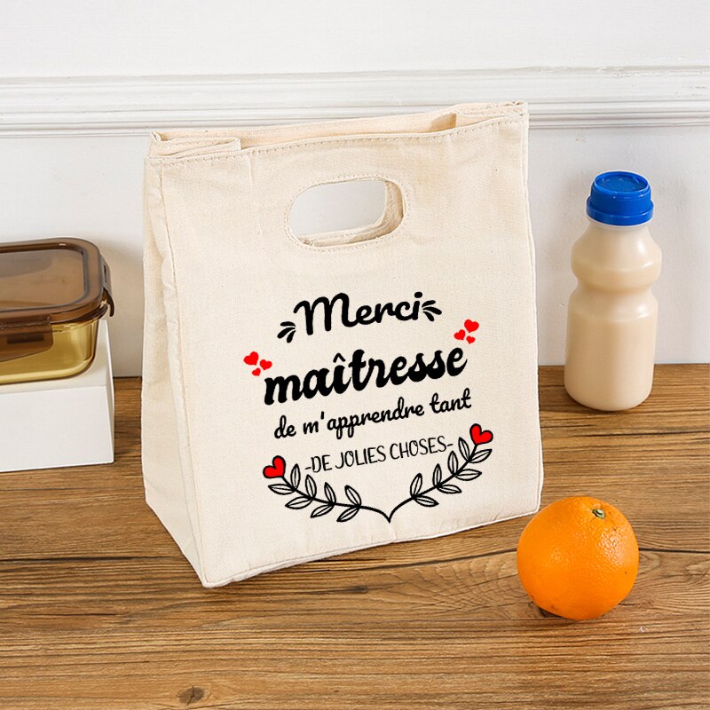 French Print Ice Cream Cooler Bags Lunch Bag Portable Insulated Canvas Bento Tote Thermal School Food Storage Pouch Teacher Gift: Pomarańczowy