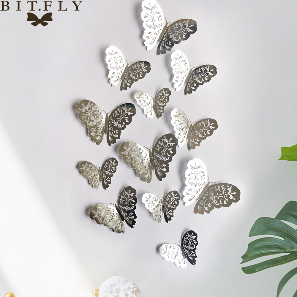 ¡Oferta! 12 unids/set de pegatinas de pared 3D mariposa hueca para decoración de la pared del hogar de las habitaciones de los niños DIY mariposas nevera adhesivos decoración de dormitorio: 4