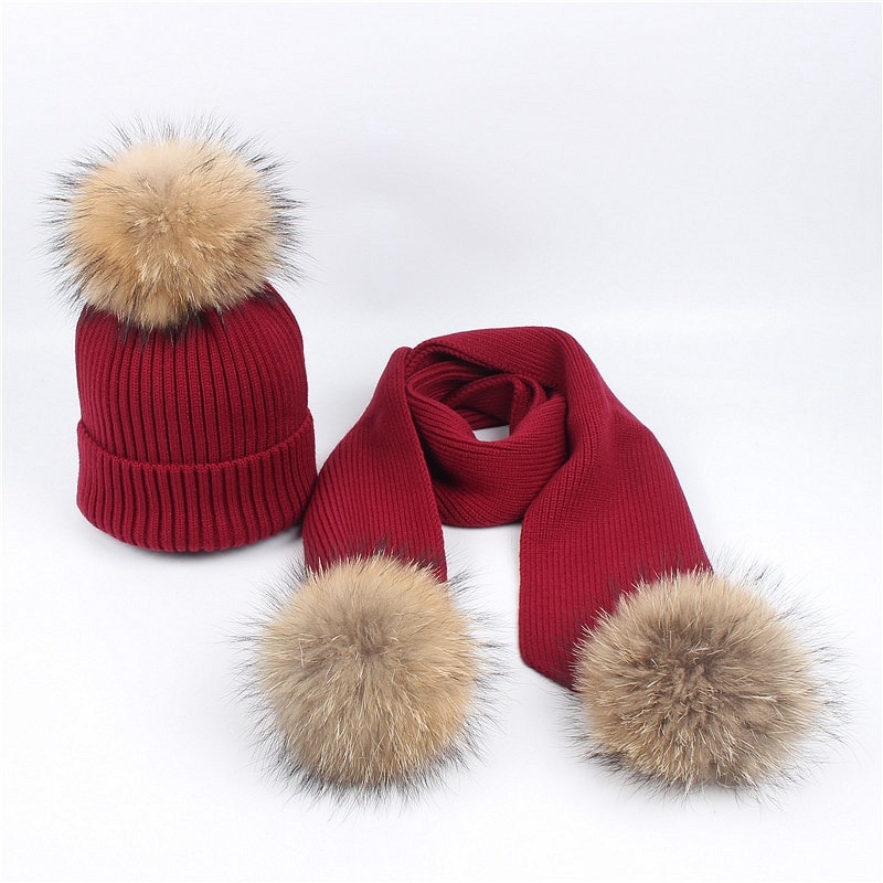 Luxe Vrouwen Hoeden En Sjaals Kinderen Sneeuw Dragen Hoeden Winter Gebreide Skullies 2Pcs Unisex Effen Kleur