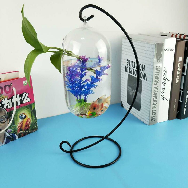 Desktop Hanging Mini Aquatic Plants Vase Fish Tank Glass Fish Tank Transparent Goldfish Tank Iron Support Aquarium