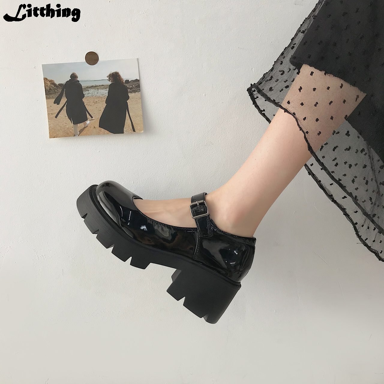 Zwarte Hoge Hakken Schoenen Vrouwen Pompen Wig Lakleer Platform Schoenen Vrouw Ronde Neus Mary Schoenen Mujer